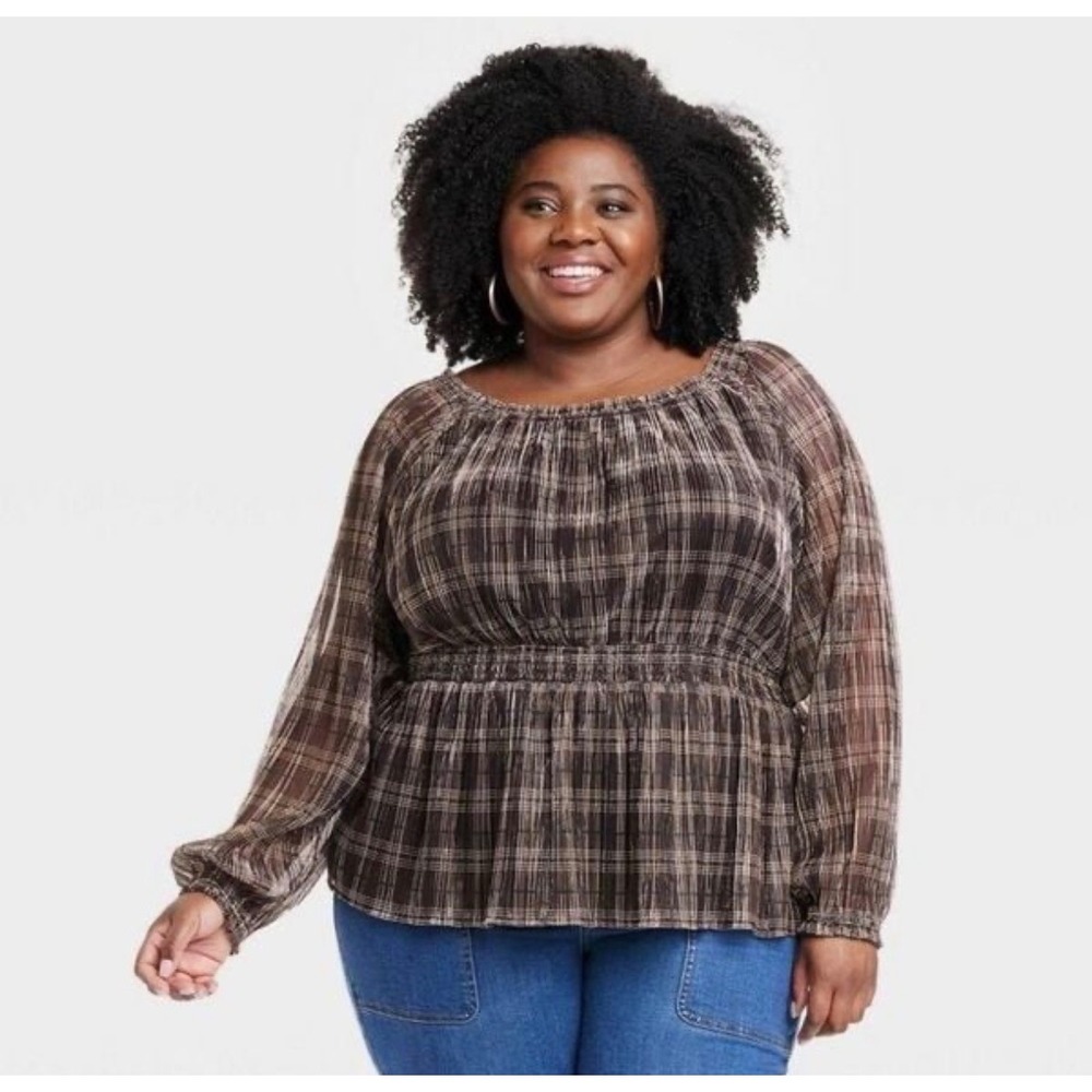 (CL) Knox Rose Metallic Plaid Smocked Peplum Blouse Brown Black XXL Top